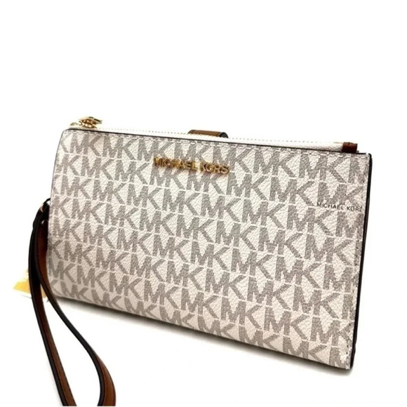 Michael Kors Large Double Zip Wallet Wristlet Vanilla/Brown - Picture 2 of 8